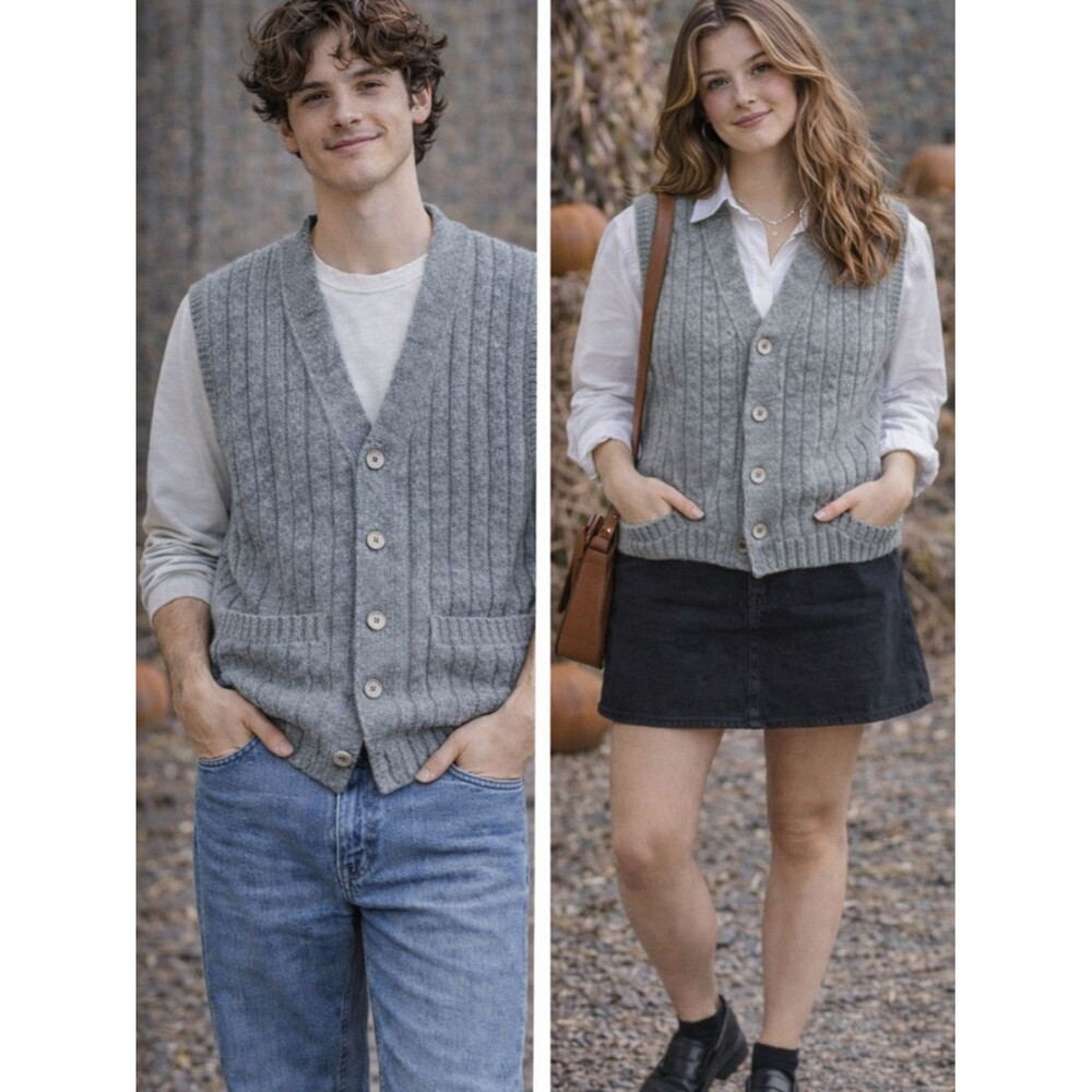 Vintage 70s Grandpa Core Gray Knit Sweater Vest USA Oversized academia